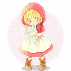 Rule 34 | 1girl, :3, puff of air, akazukin chacha, animal, apron, blonde hair, blue eyes, blush, boots, bow, brown eyes, brown footwear, chacha (akazukin chacha), cloak, cross-laced footwear, dot nose, dress, full body, holding, holding animal, katagiri atsuko, looking at viewer, multicolored background, pigeon-toed, purple background, red bow, red dress, riiya (akazukin chacha), shadow, simple background, standing, tareme, two-tone background, waist apron, white apron, white background, white bow, wolf