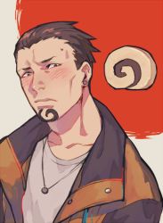 Rule 34 | 1boy, banjou kazuichi, black jacket, blush, brown hair, brown jacket, closed mouth, collarbone, commentary request, earrings, facial hair, goatee, grey shirt, hair slicked back, jacket, jewelry, looking at viewer, male focus, necklace, open clothes, open jacket, red background, shirt, solo, tokyo ghoul, two-tone background, upper body, zoo (oukakumaku)