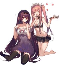 Rule 34 | 2girls, alternate costume, bare shoulders, bikini, breasts, chocoan, cleavage, closed eyes, collarbone, commentary request, dress, fate/grand order, fate (series), hair between eyes, hair brush, hair ribbon, heart, kneeling, large breasts, long hair, looking at another, medb (fate), medb (swimsuit saber) (fate), medb (swimsuit saber) (second ascension) (fate), medium breasts, multiple girls, navel, off-shoulder dress, off shoulder, pink hair, purple dress, purple hair, red eyes, ribbon, scathach (fate), scathach skadi (fate), simple background, sitting, smile, swimsuit, thighhighs, twintails, very long hair, white background, white bikini