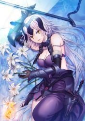Rule 34 | 1girl, armor, black dress, blue background, breasts, chain, cleavage, commentary request, day, dress, elbow gloves, fate/grand order, fate (series), faulds, fire, flag, flower, fur trim, gauntlets, gloves, headpiece, jeanne d&#039;arc (fate), jeanne d&#039;arc alter (avenger) (fate), jeanne d&#039;arc alter (avenger) (third ascension) (fate), jeanne d&#039;arc alter (fate), large breasts, light rays, lily (flower), long hair, lying, on side, silver hair, smile, sunbeam, sunlight, sword, tile floor, tiles, very long hair, weapon, yamigo, yellow eyes
