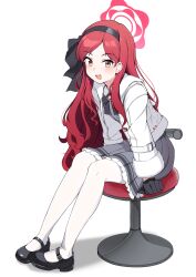Rule 34 | 1girl, black footwear, black gloves, black hairband, blue archive, blush, chair, dress, full body, gloves, grey dress, hairband, halo, highres, jacket, long hair, long sleeves, looking at viewer, open clothes, open jacket, open mouth, pantyhose, red hair, red halo, renfuu, shoes, simple background, sitting, smile, solo, takane (blue archive), white background, white jacket, white pantyhose, yellow eyes