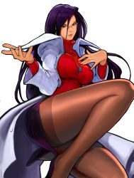 Rule 34 | 1girl, absurdres, brown eyes, brown pantyhose, commentary, earrings, english commentary, glasses, highres, impossible clothes, jewelry, justice gakuen, kim sung hwan, lab coat, minazuki kyouko, miniskirt, necklace, pantyhose, purple footwear, purple hair, red sweater, ribbed sweater, skirt, solo, sweater, thighband pantyhose, turtleneck, turtleneck sweater