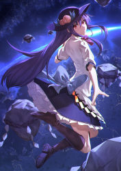 Rule 34 | 1girl, black footwear, blue hair, blue skirt, boots, bow, bowtie, chromatic aberration, city lights, commentary request, earth (planet), frilled skirt, frills, full body, hat, highres, hinanawi tenshi, ibuki notsu, keystone, knee boots, long hair, looking at viewer, miniskirt, planet, puffy short sleeves, puffy sleeves, red bow, red bowtie, red eyes, rope, shimenawa, shirt, short sleeves, skirt, solo, space, touhou, very long hair, white shirt