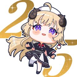 Rule 34 | 1girl, ahoge, alternate costume, animal ears, black capelet, black dress, blonde hair, blush stickers, bow, bowtie, capelet, chibi, dress, full body, hair ornament, hairclip, highres, hiruno isu, hololive, horns, long hair, long sleeves, looking at viewer, open mouth, purple eyes, red bow, red bowtie, sheep ears, sheep girl, sheep horns, single leg pantyhose, smile, solo, tsunomaki watame, very long hair, virtual youtuber
