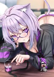 Rule 34 | 1girl, absurdres, ahoge, animal collar, animal ear fluff, animal ears, arched back, arm rest, black collar, blush, breasts, cat ears, cat girl, cat tail, cleavage, clock, collar, cropped hoodie, cup, glasses, highres, hololive, hood, hoodie, large breasts, looking at viewer, lying, medium hair, nekomata okayu, nekomata okayu (1st costume), on stomach, pants, purple eyes, purple hair, purple hood, purple hoodie, shiotsuke sasami, solo, sweatpants, tail, virtual youtuber, white pants