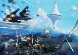 Rule 34 | aircraft, airplane, alien, bad id, bad pixiv id, battle, building, city, cloud, day, destruction, epic, explosion, fighter jet, firing, jet, laser, military, military vehicle, missile, motion blur, no humans, original, pacazama, science fiction, sky, smoke, spacecraft, ufo, vehicle focus, war