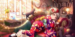 Rule 34 | 1girl, absurdres, animal, ankle strap, backlighting, ball, black cat, brown hair, cat, clock, couch, desk lamp, fish, fishbowl, flower, frilled kimono, frilled sleeves, frills, gloves, goldfish, hat, hat flower, head on hand, high heels, highres, holding, holding pocket watch, indoors, japanese clothes, jewelry, kimono, lamp, light rays, long sleeves, looking at viewer, love live!, love live! nijigasaki high school idol club, love live! school idol festival all stars, lying, mini hat, nakasu kasumi, necklace, obi, official art, on side, painting (object), pearl necklace, pink eyes, pocket watch, sash, smile, solo, sunlight, table, temari ball, vase, watch, wide sleeves, window