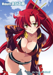 Rule 34 | 00s, 1girl, belt, bent over, bikini, bikini top only, blush, boots, breasts, breasts squeezed together, cleavage, cloud, day, hand on own hip, izumi mahiru, jacket, large breasts, long hair, ponytail, red hair, short shorts, shorts, solo, studded belt, swimsuit, tengen toppa gurren lagann, thigh boots, thighhighs, yellow eyes, yoko littner