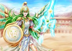 Rule 34 | 1girl, armor, athena (p&amp;d), breastplate, colosseum, dashinoya, dress, gauntlets, gloves, green hair, helmet, long hair, open mouth, polearm, puzzle &amp; dragons, red eyes, shield, smile, solo, spear, weapon, wings