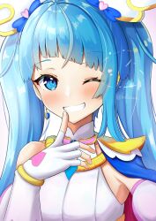 Rule 34 | 1girl, arutone, blue cape, blue eyes, blue hair, brooch, cape, commentary, cure sky, cut bangs, detached sleeves, dress, earclip, earrings, finger to mouth, fingerless gloves, gloves, grin, highres, hirogaru sky! precure, jewelry, long hair, looking at viewer, magical girl, one eye closed, precure, puffy detached sleeves, puffy sleeves, red cape, single earring, single sidelock, sleeveless, sleeveless dress, smile, solo, twintails, twitter username, two-sided cape, two-sided fabric, white dress, white gloves, wing brooch, wing hair ornament