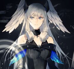 1girl artist_name black_background black_dress blue_eyes breasts closed_mouth curly_hair dress grey_hair head_wings highres large_breasts leaf_(esabacoo) long_hair melia_antiqua off-shoulder_dress off_shoulder smile solo twitter_username wings xenoblade_chronicles_(series) xenoblade_chronicles_3