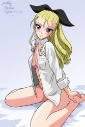 Rule 34 | 1girl, artist name, assam (girls und panzer), bare legs, barefoot, black bow, blonde hair, blush, bottomless, bow, breasts, cleavage, closed mouth, collarbone, collared shirt, dress shirt, girls und panzer, gradient background, grey background, hair bow, long hair, long sleeves, looking at viewer, matsui yasutsugu, naked shirt, open clothes, open shirt, purple eyes, shirt, sitting, small breasts, smile, solo, wariza, white shirt, wing collar