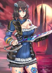 Rule 34 | 1girl, black hair, bloodstained: ritual of the night, blue eyes, breasts, brown hair, detached sleeves, gauntlets, gradient hair, hair between eyes, hair ornament, horns, looking at viewer, miriam (bloodstained), moon, multicolored hair, night, pale skin, redjet, short hair, simple background, smile, solo, stained glass, sword, tattoo, weapon