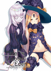 Rule 34 | 2girls, abigail williams (fate), abigail williams (second ascension) (fate), black bow, black dress, black hat, black panties, blonde hair, blush, bow, closed mouth, commentary request, copyright name, cover, cover page, dress, fate/grand order, fate (series), hair between eyes, hair bow, hat, hat bow, highres, horns, lavinia whateley (fate), long hair, multiple girls, navel, orange bow, pale skin, panties, parted bangs, red eyes, renka (renkas), revealing clothes, single horn, skull print, smile, topless, underwear, very long hair, white background, white hair, witch hat