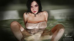 Rule 34 | arm support, bare shoulders, bath, black hair, collar, collarbone, firolian, highres, long hair, looking at viewer, purple eyes, sitting, smile, solo, spread legs, the witcher (series), the witcher 3, towel, water, yennefer