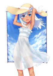 Rule 34 | 10s, 1girl, :d, arms up, bad id, bad pixiv id, blonde hair, blue eyes, border, cloud, day, dress, fang, fangs, hands on headwear, hat, highres, kantai collection, looking at viewer, nezumi doshi, no panties, one-piece tan, open mouth, ro-500 (kancolle), see-through, sky, smile, solo, spaghetti strap, sundress, tan, tanline, wind