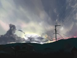 Rule 34 | 5tb, building, cable, cloud, cloudy sky, horizon, mountain, no humans, original, outdoors, power lines, scenery, sky, sunset, utility pole