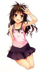 Rule 34 | 1girl, ;d, absurdres, arm support, arm up, armpits, black skirt, brown hair, collarbone, full body, hair ornament, highres, long hair, looking at viewer, official art, one eye closed, open mouth, pink shirt, pleated skirt, shirt, simple background, skirt, sleeveless, sleeveless shirt, smile, solo, to love-ru, to love-ru ru, w, white background, yabuki kentarou, yellow eyes, yuuki mikan