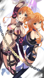 2girls absurdres blue_eyes braid breasts chain cleavage date_a_live drill_hair drill_sidelocks hair_between_eyes highres kouhiipan long_hair looking_at_viewer medium_breasts multiple_girls navel open_mouth orange_hair revealing_clothes siblings sidelocks thigh_strap twins yamai_kaguya yamai_yuzuru