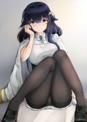 Rule 34 | 1girl, azuma (azur lane), azur lane, black footwear, blush, breasts, brown eyes, brown pantyhose, closed mouth, commentary request, flower, hair between eyes, hair flower, hair intakes, hair ornament, hairclip, hand up, highres, jacket, knees together feet apart, loafers, long hair, long sleeves, mctom, medium breasts, panties, panties under pantyhose, pantyhose, pleated skirt, purple hair, shirt, shoes, sitting, skirt, smile, solo, thighband pantyhose, underwear, white flower, white jacket, white shirt, white skirt