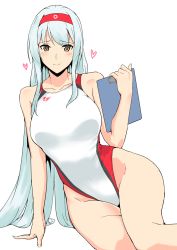 Rule 34 | 10s, 1girl, blush, breasts, clipboard, competition swimsuit, curvy, female focus, halcon, headband, heart, highleg, highres, kantai collection, large breasts, long hair, one-piece swimsuit, shoukaku (kancolle), sitting, smile, solo, swimsuit, thighs, very long hair, white hair, yellow eyes, yokozuwari