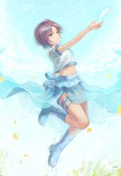 Rule 34 | 1girl, abstract background, absurdres, ahoge, air bubble, arm up, asakura toru, blue eyes, boots, bubble, commentary request, gradient hair, grey hair, hai bokusha, highres, idolmaster, idolmaster shiny colors, knee boots, knee up, looking away, midriff, multicolored background, multicolored hair, navel, short hair, short sleeves, solo, thigh strap