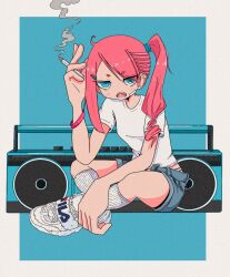 Rule 34 | 1girl, ahoge, asymmetrical bangs, bandaid, bandaid on cheek, bandaid on face, blue background, blue eyes, boombox, border, breasts, cigarette, eyes visible through hair, fila, full body, grey shorts, hair ornament, hair over one eye, hairclip, hand up, highres, holding, holding cigarette, indian style, long hair, looking at viewer, nao97122, open mouth, original, outside border, pink hair, ribbed socks, ringed eyes, shirt, shoes, short sleeves, shorts, side ponytail, single sidelock, sitting, small breasts, smoke, smoking, sneakers, socks, solo, t-shirt, white border, white footwear, white shirt, white socks