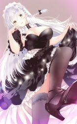Rule 34 | 1girl, absurdres, apron, azur lane, black dress, black footwear, braid, breasts, brown eyes, cleavage, dress, frilled apron, frills, from below, hermione (azur lane), high heels, highres, lace, lace-trimmed legwear, lace trim, large breasts, layered dress, long hair, low tied hair, maid headdress, moo (umineko), puffy short sleeves, puffy sleeves, shoes, short sleeves, simple background, solo, thighhighs, twin braids, waist apron, white apron, white hair, yellow eyes