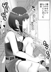 Rule 34 | 1girl, 2boys, absurdres, arcade, arcade cabinet, belt, breasts, choker, clenched teeth, commentary request, earrings, feet out of frame, greyscale, highres, hugging own legs, jewelry, koiso usu, large breasts, monochrome, multiple boys, original, short hair, shorts, solo focus, tank top, teeth, translation request