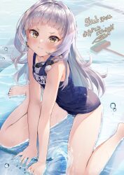 Rule 34 | 1girl, :t, absurdres, barefoot, blue one-piece swimsuit, blush, broom, commentary request, commission, earrings, empty pool, feet, foot out of frame, grey hair, highres, hololive, jewelry, kairono3jou, long hair, looking at viewer, murasaki shion, nail polish, old school swimsuit, one-piece swimsuit, pool, purple nails, school swimsuit, sitting, skeb commission, solo, swim cap, swim goggles, swimsuit, toenail polish, toenails, virtual youtuber, wading, wariza, water, yellow eyes