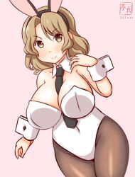 Rule 34 | 1girl, animal ears, between breasts, blonde hair, blush, breasts, brown eyes, brown pantyhose, cleavage, covered navel, detached collar, fake animal ears, gradient background, houston (kancolle), kanon (kurogane knights), kantai collection, large breasts, leotard, light brown hair, long hair, looking at viewer, necktie, necktie between breasts, one-hour drawing challenge, pantyhose, pink background, playboy bunny, rabbit ears, rabbit tail, smile, solo, strapless, strapless leotard, tail, white leotard, wrist cuffs