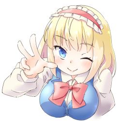 Rule 34 | 1girl, alice margatroid, arnest, blonde hair, blue eyes, blue vest, bow, bowtie, breasts, closed mouth, collared shirt, commentary, frills, hairband, large breasts, long sleeves, looking at viewer, one eye closed, red bow, shirt, simple background, smile, solo, touhou, vest, white background, white shirt