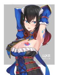 Rule 34 | 1girl, absurdres, areola slip, armpits, arms behind head, arms up, asymmetrical sleeves, black hair, bloodstained: ritual of the night, blue eyes, blush, breasts, brown hair, cleavage, detached sleeves, gauntlets, gradient hair, hair between eyes, hair ornament, highres, horns, large breasts, looking at viewer, miriam (bloodstained), multicolored hair, pale skin, shi qi kuang beng, short hair, smile, solo, stained glass, tattoo, uneven sleeves