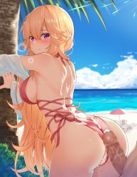 Rule 34 | 1boy, 1girl, aftersex, arm support, ass, azur lane, bare back, bare shoulders, beach, beach chair, beach umbrella, blonde hair, blue sky, blush, breasts, bush, censored, clothing aside, cloud, commentary request, cum, cum in pussy, cum on body, cum on clothes, day, hair between eyes, hair over shoulder, hajika, head out of frame, hetero, highres, innertube, large breasts, leaning forward, long hair, looking back, mosaic censoring, multiple straps, ocean, one-piece swimsuit, palm tree, penis, purple eyes, red one-piece swimsuit, richelieu (azur lane), richelieu (fleuron of the waves) (azur lane), sand, sex, side-tie swimsuit, sideboob, sky, smile, solo focus, standing, standing sex, sunlight, sweat, swim ring, swimsuit, swimsuit aside, tree, umbrella, very long hair, water