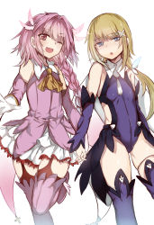 Rule 34 | 2boys, ;d, androgynous, aqua eyes, astolfo (fate), blonde hair, braid, chestnut mouth, chevalier d&#039;eon (fate), cosplay, costume switch, fang, fate/apocrypha, fate/grand order, fate/kaleid liner prisma illya, fate (series), feather hair ornament, feathers, hair ornament, hair ribbon, hairclip, highres, holding hands, leotard, long hair, magical girl, miyu edelfelt, miyu edelfelt (cosplay), multiple boys, nagatsuki take, one eye closed, open mouth, pink eyes, pink hair, prisma illya, prisma illya (cosplay), ribbon, single braid, smile, trap, x hair ornament
