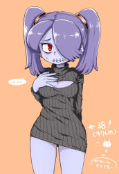 Rule 34 | 1girl, artist request, blue hair, blue skin, blush, breasts, colored skin, hair over one eye, meme attire, open-chest sweater, red eyes, skullgirls, squigly (skullgirls), stitched mouth, stitches, sweater, translation request, twintails, zombie