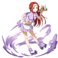 Rule 34 | 1girl, apron, collarbone, full body, hair intakes, highres, holding, holding plate, jacket, leaning forward, long hair, midriff, miniskirt, navel, official art, plate, pleated skirt, purple neckwear, red hair, roller skates, short sleeves, skates, skirt, solo, stomach, striped clothes, striped jacket, striped skirt, sword art online, sword art online: memory defrag, tiese schtrinen, transparent background, vertical-striped clothes, vertical-striped jacket, vertical-striped skirt, very long hair, visor cap, waist apron, white apron, wristband