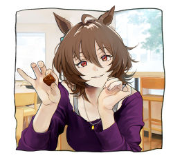 Rule 34 | 1girl, agnes tachyon (umamusume), ahoge, animal ears, bad id, bad twitter id, border, brown hair, casual, chocolate, earrings, empty eyes, feeding, food, hair between eyes, hand on own chin, highres, holding, holding chocolate, holding food, horse ears, horse girl, incoming food, indoors, jewelry, long sleeves, medium hair, messy hair, mikedate, necklace, off-shoulder sweater, off shoulder, parted lips, pov, pov across table, purple sweater, raised eyebrows, red eyes, single earring, smile, solo, sweater, umamusume, upper body