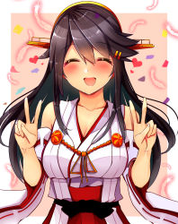Rule 34 | 1girl, ^ ^, bare shoulders, black hair, closed eyes, collarbone, detached sleeves, double v, hair between eyes, haruna (kancolle), heart, highres, japanese clothes, kantai collection, long hair, nontraditional miko, open mouth, pleated skirt, red skirt, ribbon-trimmed sleeves, ribbon trim, skirt, smile, solo, tsukui kachou, v, wide sleeves