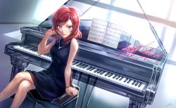 Rule 34 | 10s, 1girl, bracelet, character name, commentary request, dated, dress, grand piano, hand in own hair, happy birthday, highres, instrument, jewelry, crossed legs, looking at viewer, love live!, love live! school idol festival, love live! school idol project, nail polish, necklace, nishikino maki, piano, piano bench, purple eyes, red hair, red nails, sheet music, signature, sitting, sleeveless, sleeveless dress, solo, sparkle, wedo