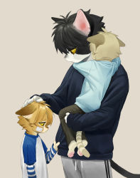 Rule 34 | 3boys, animal ears, bandage on face, bandages, black hair, cat boy, cat ears, cat tail, child, from side, furry, furry male, grey background, headpat, highres, looking down, mayumochini, multiple boys, original, pants, profile, sad, shirt tug, simple background, sweatpants, tail, tears
