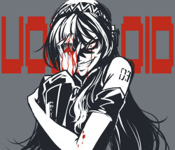Rule 34 | 1girl, blood, bloody tears, clenched teeth, covering one eye, crazy, evil smile, grey background, grin, looking at viewer, megurine luka, monochrome, simple background, smile, solo, spot color, spotlight, teeth, vocaloid, yelansu