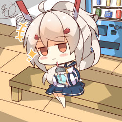 Rule 34 | +++, 1girl, :3, absurdres, ascot, ayanami (azur lane), azur lane, bench, benizika, blush stickers, bottle, can, chibi, choker, detached sleeves, drinking straw, closed eyes, hair ornament, hairclip, headgear, highres, holding, holding bottle, long hair, looking at viewer, orange eyes, pleated skirt, ponytail, retrofit (azur lane), school uniform, serafuku, silver hair, sitting, skirt, smile, solo, sparkle, trash can, triangle mouth, vending machine, wide sleeves