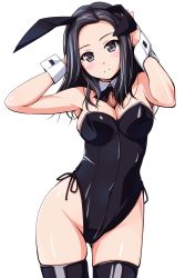 Rule 34 | 1girl, animal ears, arms up, black eyes, black hair, black leotard, black thighhighs, blush, breasts, cleavage, closed mouth, cowboy shot, detached collar, fake animal ears, head tilt, highres, leotard, long hair, looking at viewer, matsunaga kouyou, original, playboy bunny, rabbit ears, shiny clothes, shiny skin, simple background, smile, solo, standing, thighhighs, white background, wrist cuffs