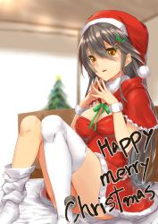 Rule 34 | 10s, 1girl, blurry, blurry background, blush, brown hair, capelet, christmas tree, dress, fingers together, fur-trimmed dress, fur trim, hair ornament, haruna (kancolle), hat, holly hair ornament, kantai collection, kyougoku touya, long hair, merry christmas, neck ribbon, parted lips, ribbon, santa costume, santa hat, solo, thighhighs, white thighhighs, yellow eyes