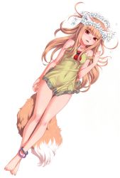 Rule 34 | 1girl, :d, absurdres, animal ears, anklet, arm at side, bag, bare arms, bare legs, bare shoulders, barefoot, black ribbon, blunt bangs, blush, brown hair, collarbone, covered navel, dress, dutch angle, feet, flower wreath, full body, green dress, head wreath, highres, holo, jewelry, koume keito, legs, legs together, long hair, looking at viewer, lying, nose blush, official art, on back, open mouth, petals, red eyes, ribbon, scan, short dress, simple background, sleeveless, sleeveless dress, smile, solo, spice and wolf, strap slip, tail, toes, very long hair, white background, wolf ears, wolf tail