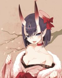 Rule 34 | 1girl, bare shoulders, bespectacled, bob cut, breasts, brown background, choker, cleavage, commentary request, eyebrows, fang, fate/grand order, fate (series), glasses, hair ribbon, hat, highres, horns, japanese clothes, kimono, looking at viewer, medium breasts, nail polish, narue, oni, pink hat, pointy ears, purple eyes, red choker, red nails, red ribbon, ribbon, shuten douji (dress for demons) (fate), shuten douji (fate), skin-covered horns, smile, solo, tongue, tongue out