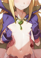 Rule 34 | 1girl, belt, blonde hair, blush, breasts, cloak, female focus, fire emblem, gem, gloves, heart, heart necklace, highres, jewelry, long hair, morisobo, navel, necklace, nintendo, nipples, nowi (fire emblem), pink ribbon, purple cloak, purple gloves, ribbon, small breasts, solo, undressing