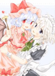 Rule 34 | 2girls, apron, ascot, bat wings, black dress, blue hair, bow, braid, brooch, cake, cheek-to-cheek, dress, fang, food, fork, fruit, grey eyes, hat, hat bow, heads together, hug, izayoi sakuya, jewelry, looking at viewer, maid, maid apron, maid headdress, maru usagi, mob cap, multiple girls, open mouth, pink dress, pointy ears, puffy short sleeves, puffy sleeves, red eyes, remilia scarlet, sash, short sleeves, silver hair, slit pupils, smile, strawberry, touhou, traditional media, twin braids, wings, wrist cuffs