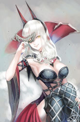 Rule 34 | 1girl, breasts, carmilla (fate), cleavage, detached sleeves, fate/grand order, fate (series), highres, large breasts, crossed legs, long hair, looking to the side, mask, mizutame tori, silver hair, sitting, smile, thighhighs, wide sleeves, yellow eyes